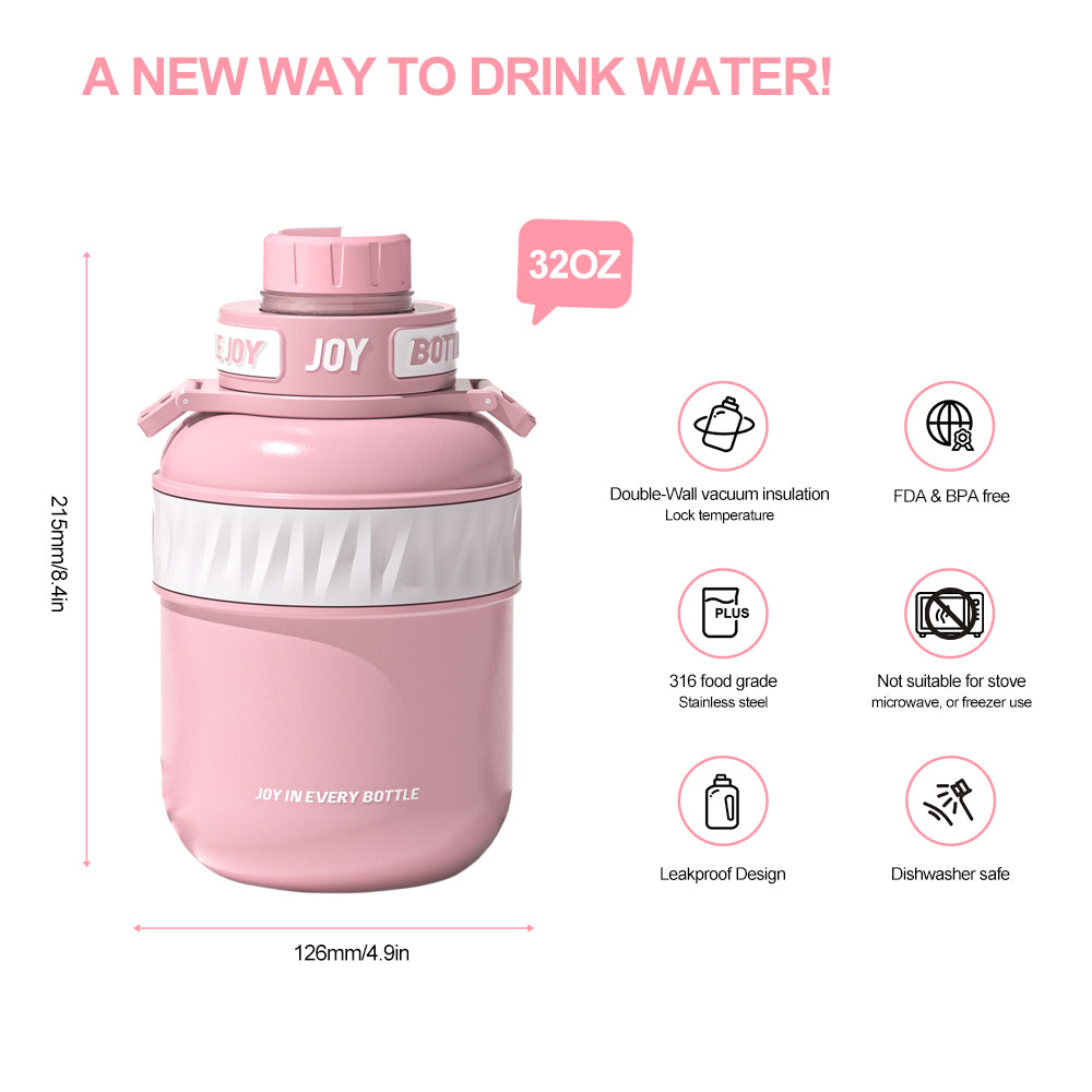 BOTTLE JOY Stainless-Steel Water Bottle: Leakproof Lid, Perfect Sip, Double Insulated, Eco-Friendly, Dishwasher Safe & Stylish Strap (Coral, 32/48 oz) - Image 4